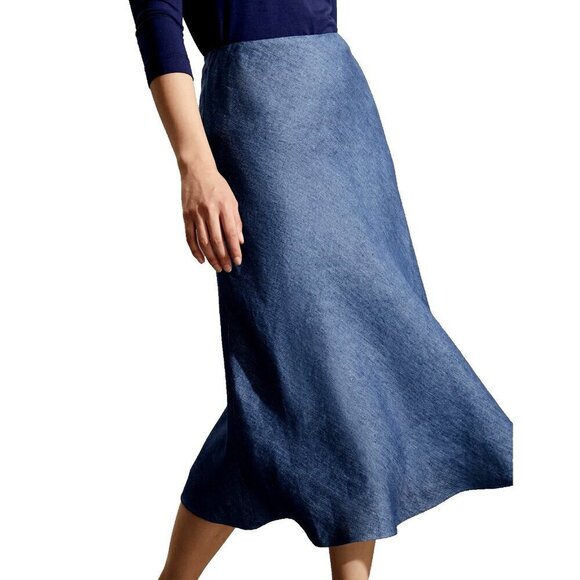 Jaeger Women's US4 UK8 Chambray Blue Pure Linen Midi Skater Skirt Side-Zip NWT - Picture 3 of 10
